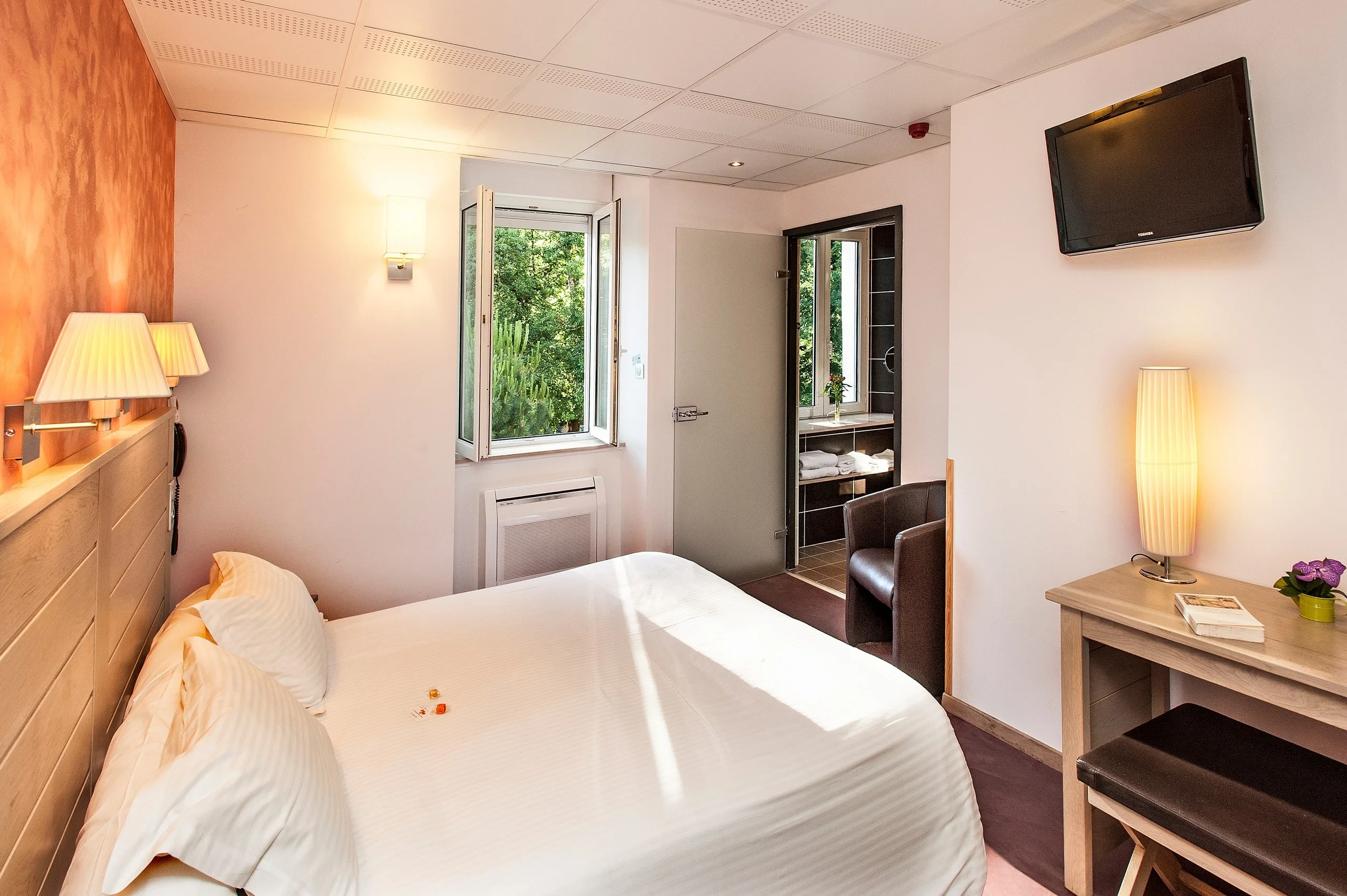 Chambre d'hôtel moderne avec lit double et vue sur la nature
